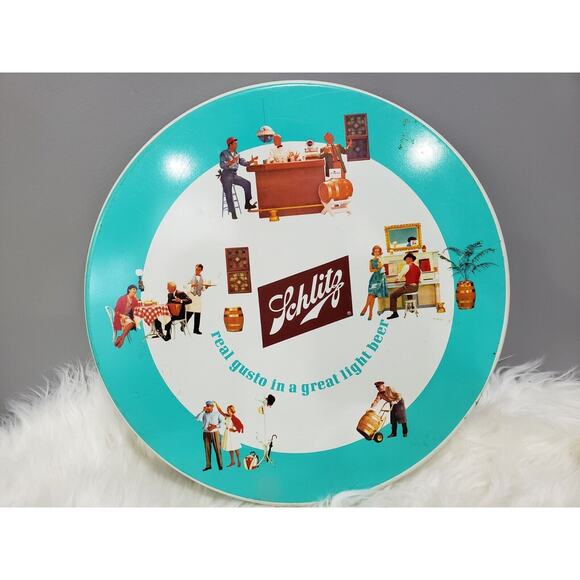 Vintage 1965 SCHLITZ “REAL GUSTO” rare Yellow‎ Metal Round Serving Beer Tray - Picture 12 of 12